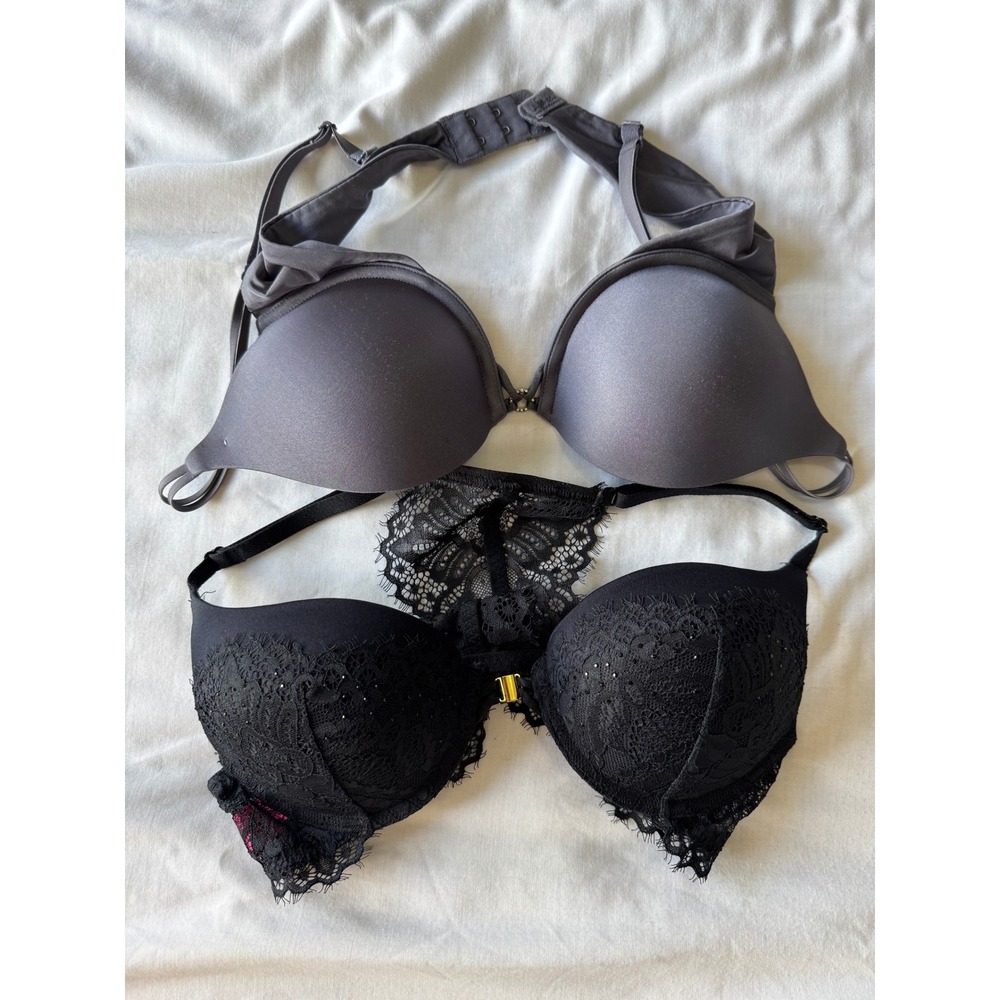 La Senza Hello Sugar Push Up Bra Lot 34A Black Lace Grey Smooth Coquette Femme